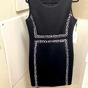 Calvin Klein Sheath Black Dress with B&W Animal Print Detail